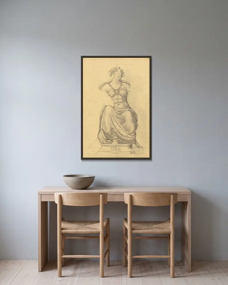 Sketch 3 av Kenyon Cox inramad på en vägg
