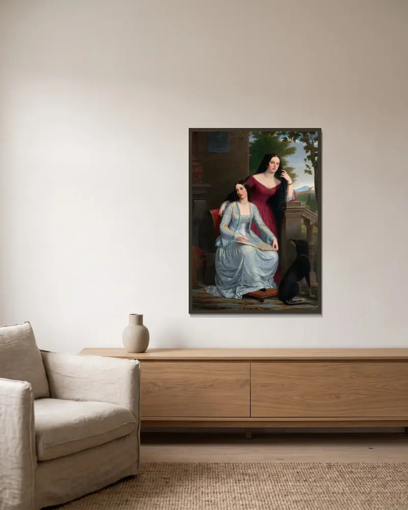 Zwei Frauen in einer italienischen Landschaft von Miner Kilbourne Kellogg gerahmt an einer Wand