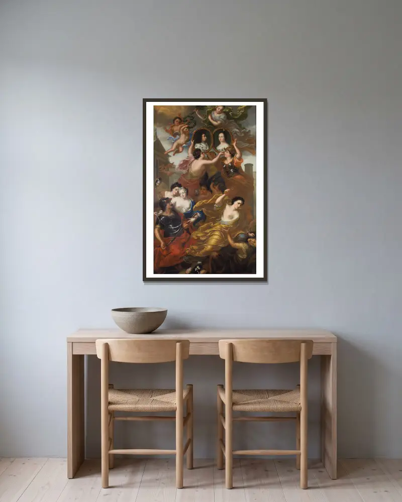 Allegorie auf die Vereinigung von König Karl XI. und Königin Ulrika Eleonora von David Klöcker Ehrenstrahl gerahmt an einer Wand