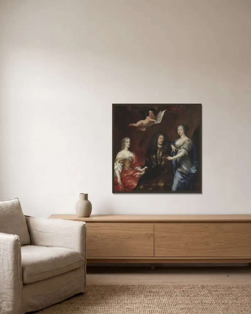 Bengt Horn af Åminne (1623–1678) mit seinen beiden Ehefrauen Margaretha Sparre und Ingeborg Banér von David Klöcker Ehrenstrahl gerahmt an einer Wand