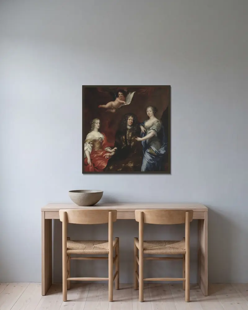 Bengt Horn af Åminne (1623–1678) mit seinen beiden Ehefrauen Margaretha Sparre und Ingeborg Banér von David Klöcker Ehrenstrahl gerahmt an einer Wand