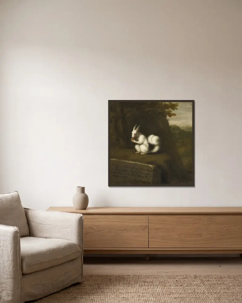 Weißes Eichhörnchen in einer Landschaft von David Klöcker Ehrenstrahl gerahmt an einer Wand