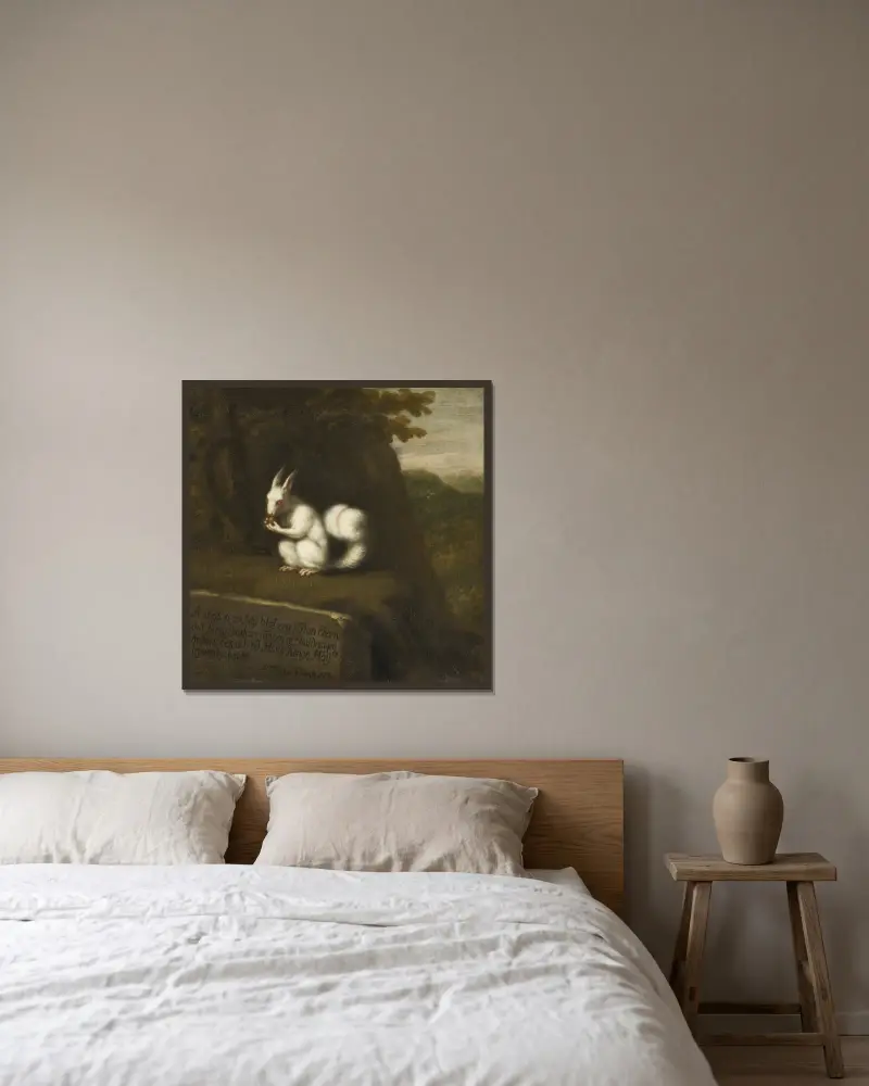 Weißes Eichhörnchen in einer Landschaft von David Klöcker Ehrenstrahl gerahmt an einer Wand