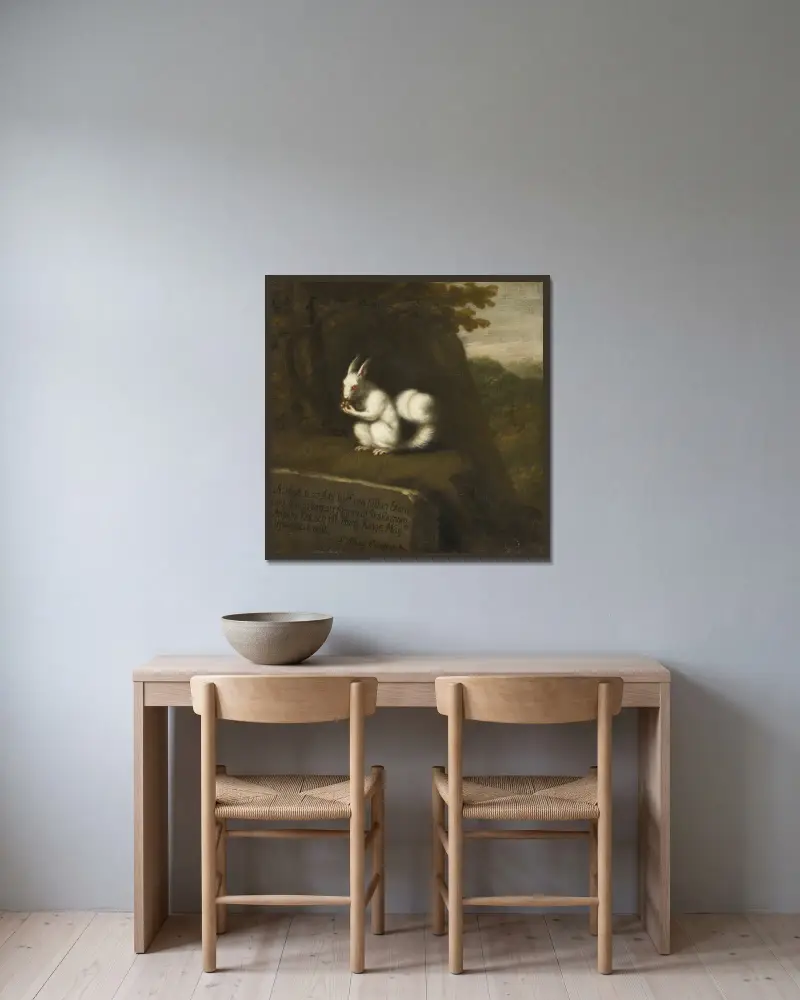 Weißes Eichhörnchen in einer Landschaft von David Klöcker Ehrenstrahl gerahmt an einer Wand