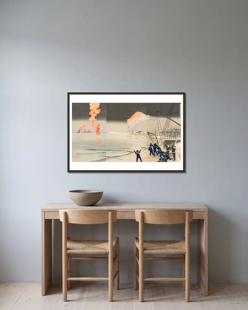 Hurra för den stora segern för Stora Japans flotta i sjöslaget vid Incheon mellan Japan och Ryssland av Kobayashi Kiyochika inramad på en vägg