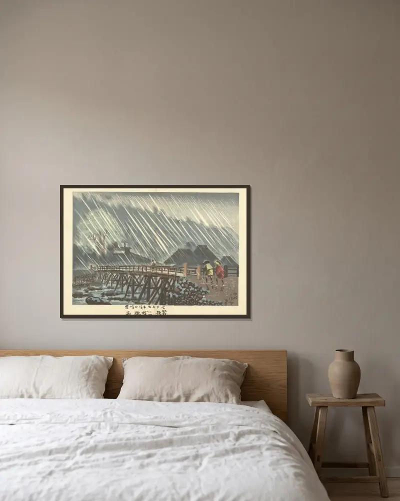 Regn vid Sanmaibashi i Hakone av Kobayashi Kiyochika inramad på en vägg