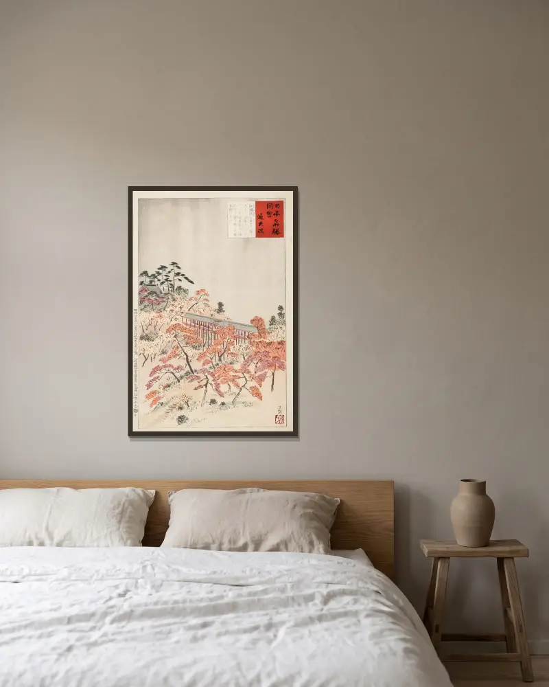 Die Brücke Tsūtenkyō, Kyoto von Kobayashi Kiyochika gerahmt an einer Wand