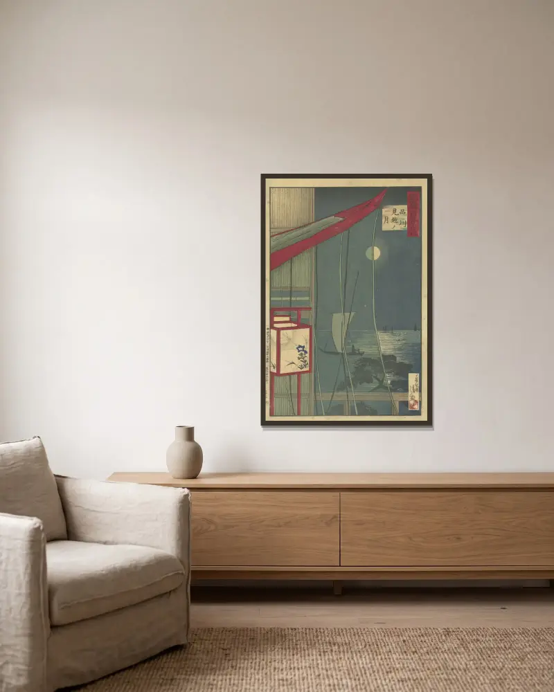 Der Mond bei Shinagawa von Kobayashi Kiyochika gerahmt an einer Wand