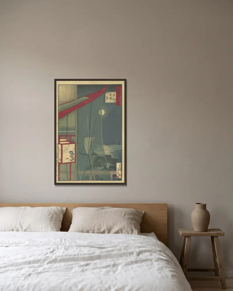 Der Mond bei Shinagawa von Kobayashi Kiyochika gerahmt an einer Wand