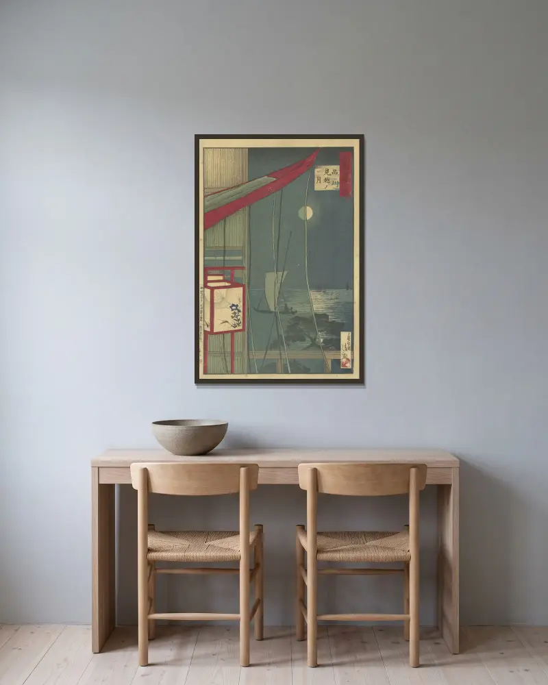 Der Mond bei Shinagawa von Kobayashi Kiyochika gerahmt an einer Wand