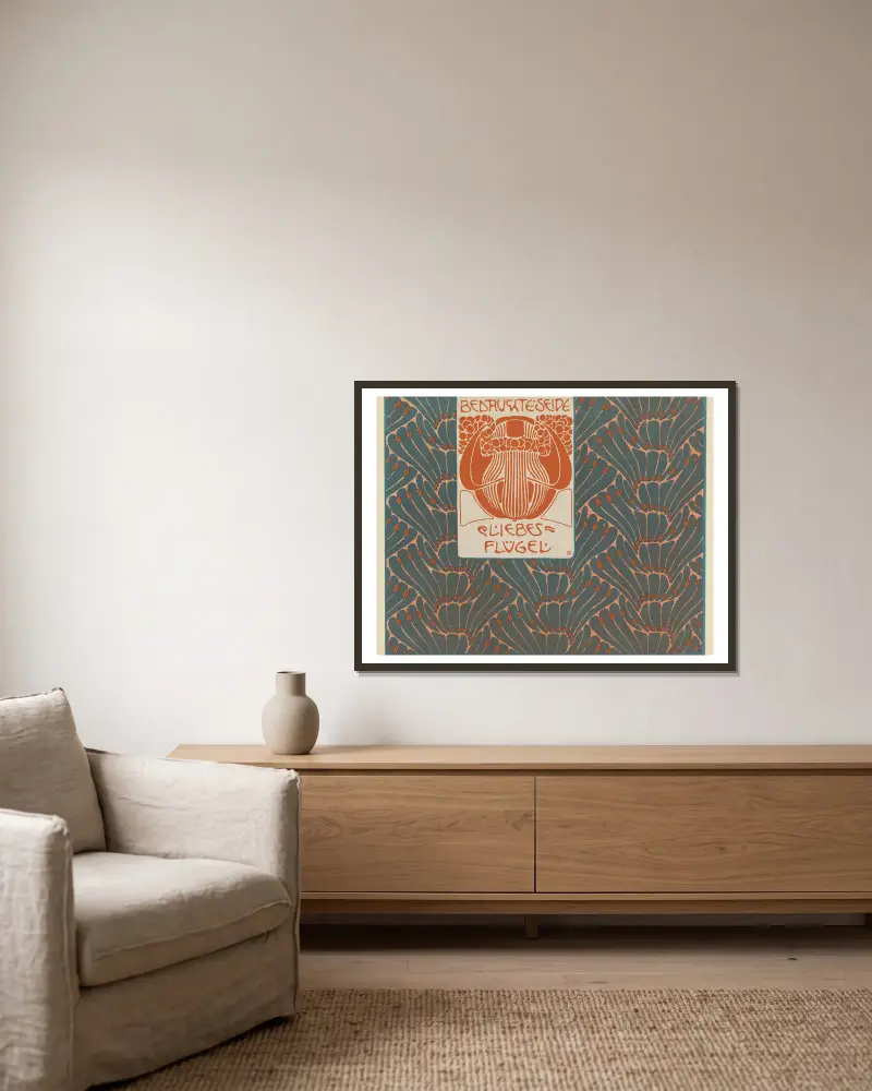 Bedruchte Seide Liebes Flugel (Printed Silk Love Wings) av Koloman Moser inramad på en vägg