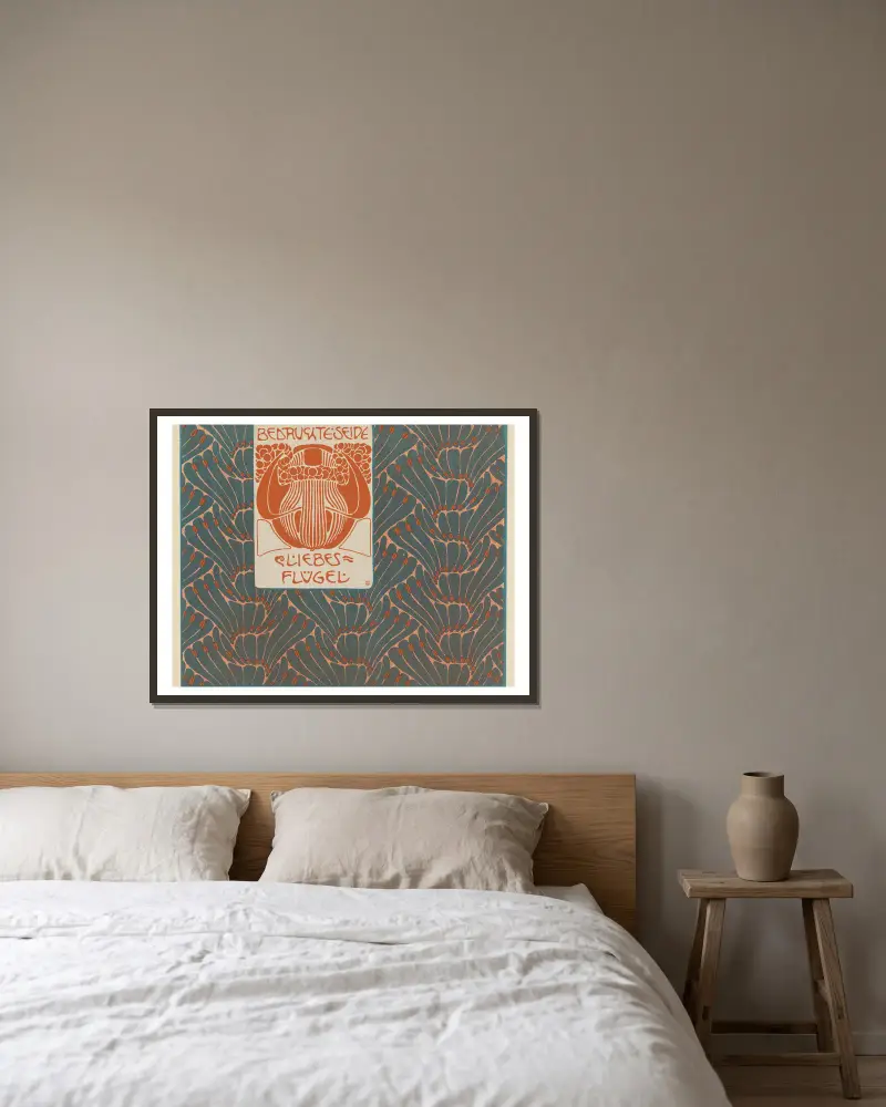 Bedruchte Seide Liebes Flugel (Printed Silk Love Wings) av Koloman Moser inramad på en vägg