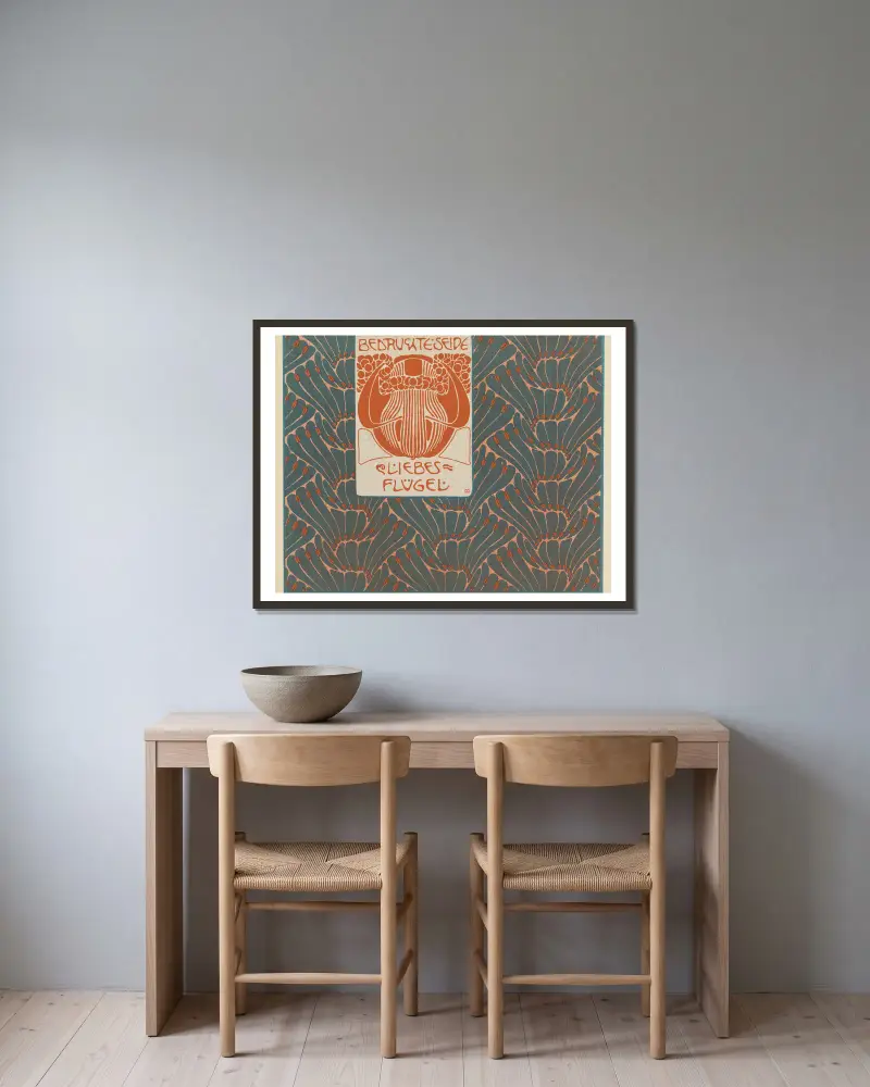 Bedruchte Seide Liebes Flugel (Printed Silk Love Wings) av Koloman Moser inramad på en vägg