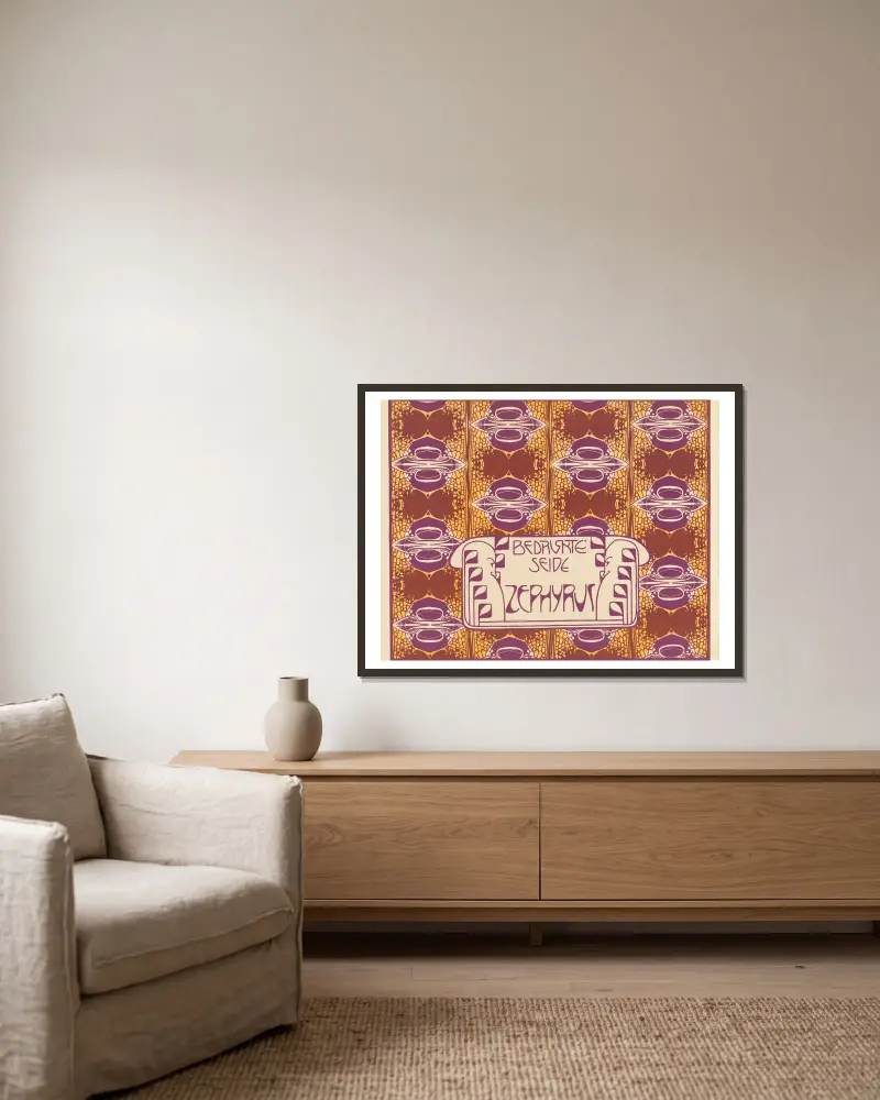 Zephyrus auf Seide gedruckt von Koloman Moser gerahmt an einer Wand