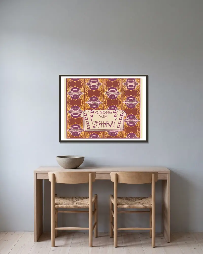 Zephyrus auf Seide gedruckt von Koloman Moser gerahmt an einer Wand