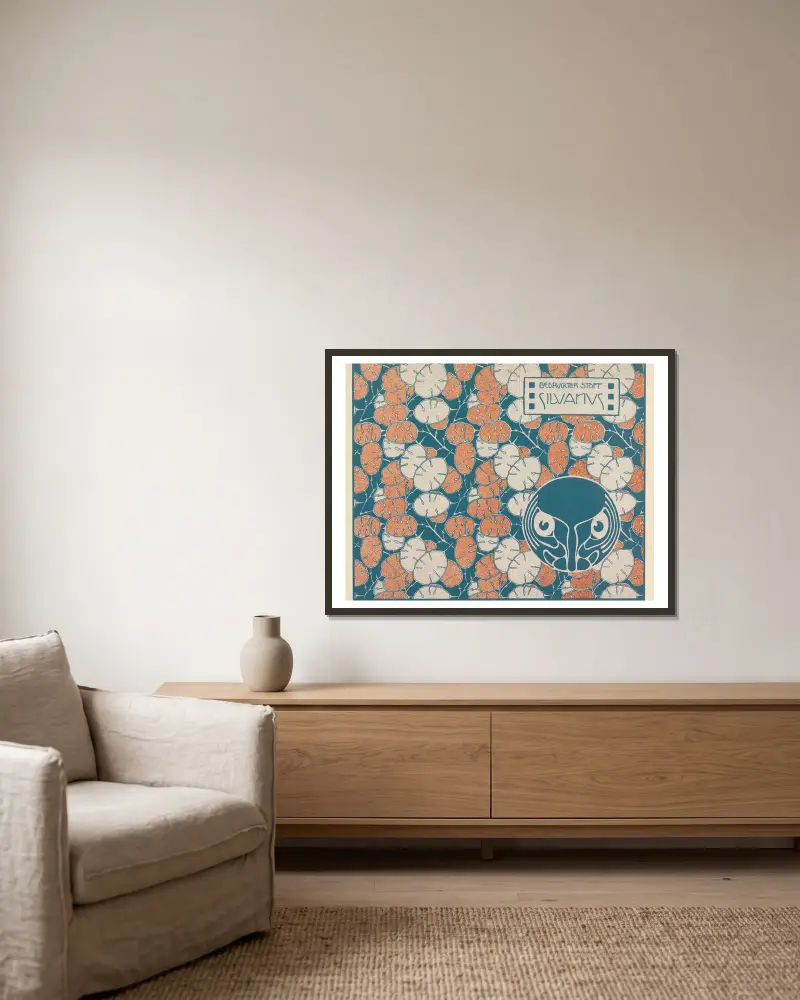 Bedruckter Stoff Silvanus von Koloman Moser gerahmt an einer Wand