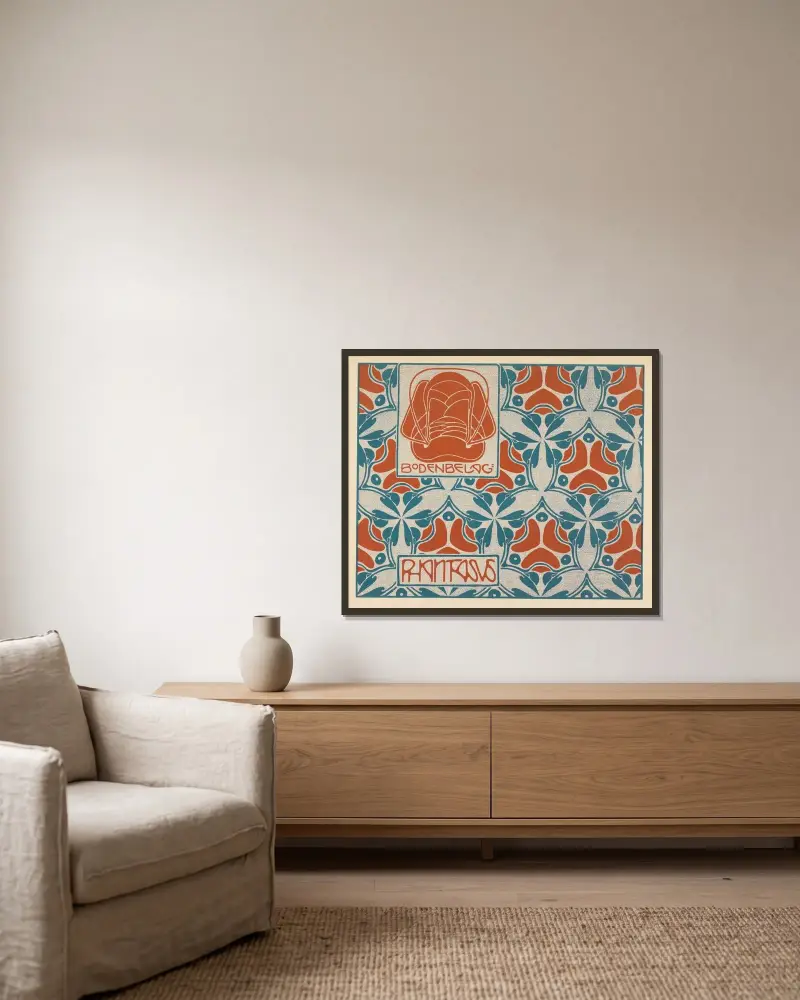 Bodenbelag; Phantasus von Koloman Moser gerahmt an einer Wand