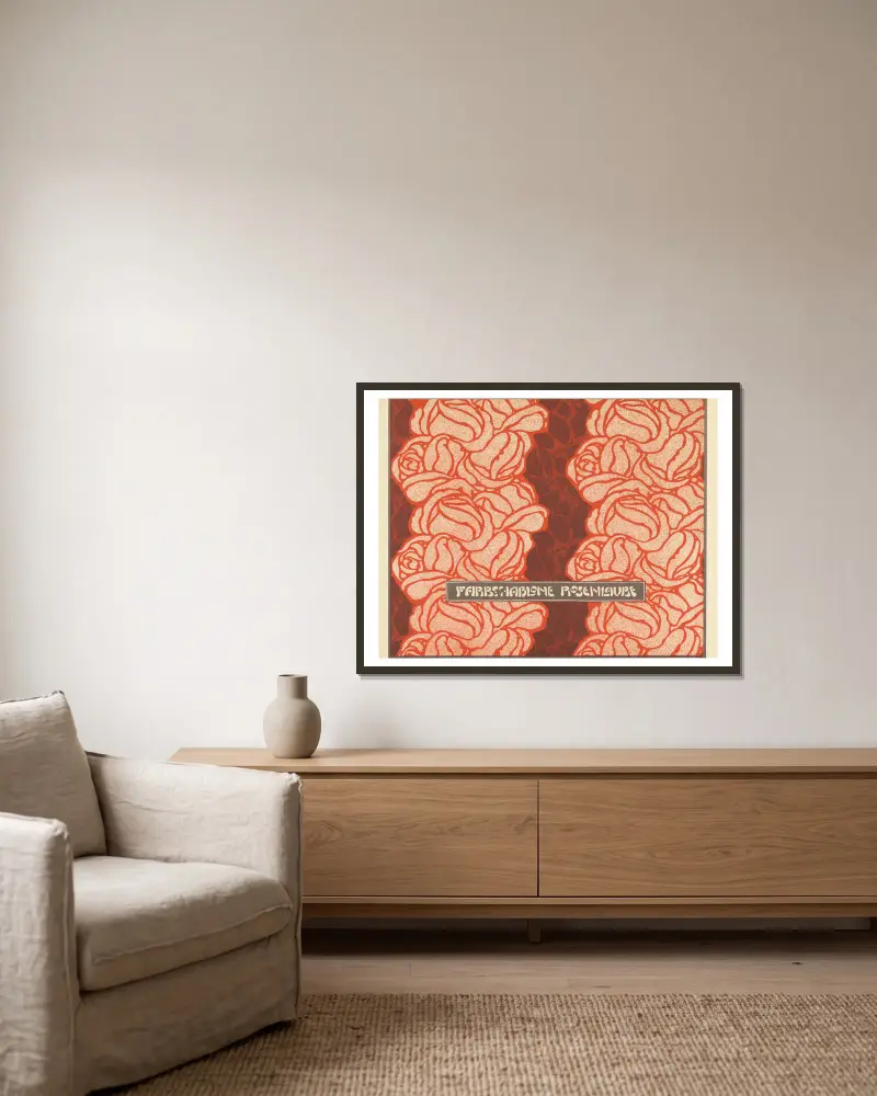 Farbschablone Rosenlaube (Rose Bower Color Stencil) av Koloman Moser inramad på en vägg