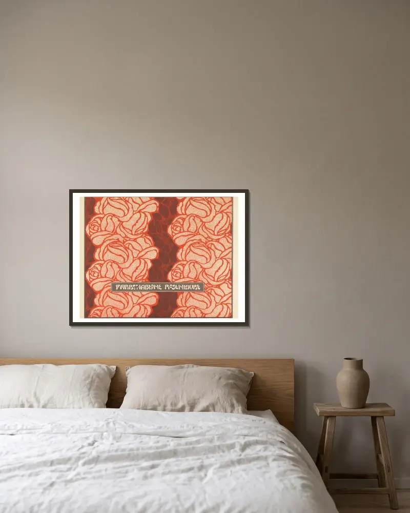 Farbschablone Rosenlaube (Rose Bower Color Stencil) av Koloman Moser inramad på en vägg