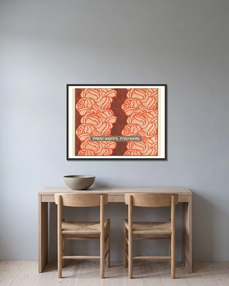 Farbschablone Rosenlaube (Rose Bower Color Stencil) av Koloman Moser inramad på en vägg