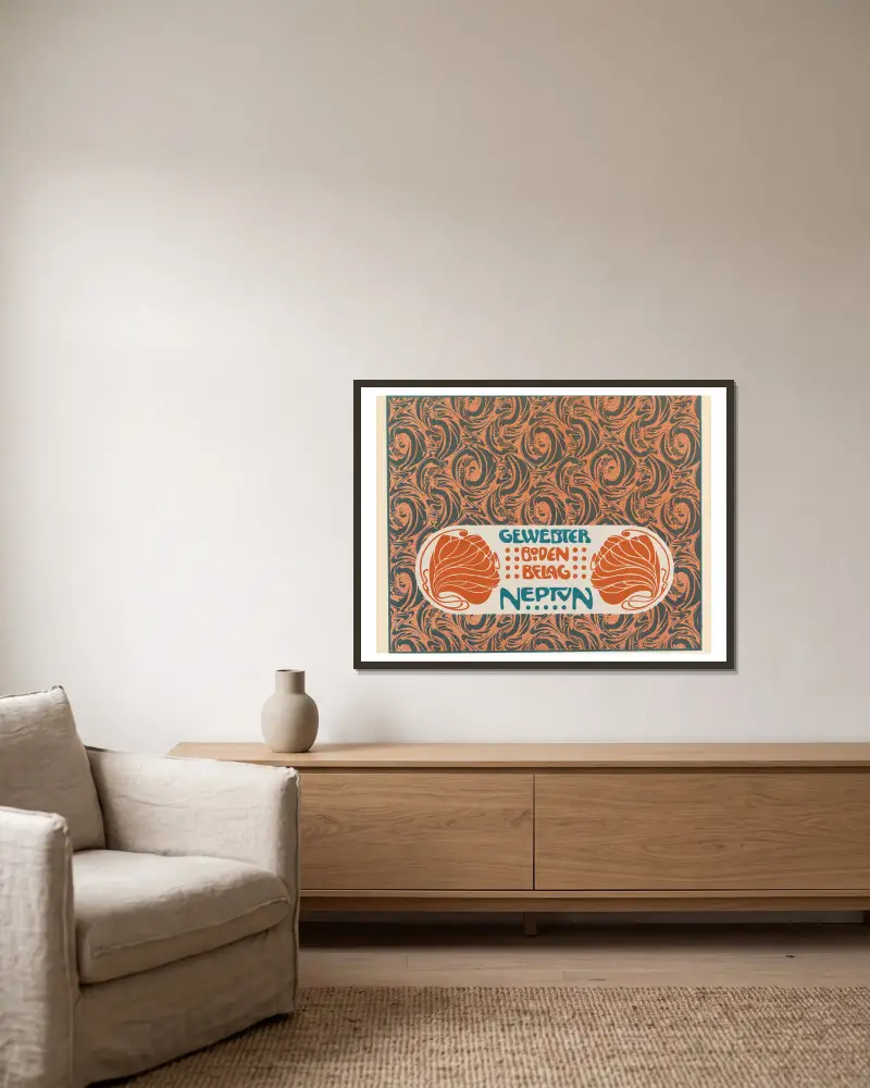 Gewebter Boden Belag Neptun (Neptune Woven Floor Covering) av Koloman Moser inramad på en vägg