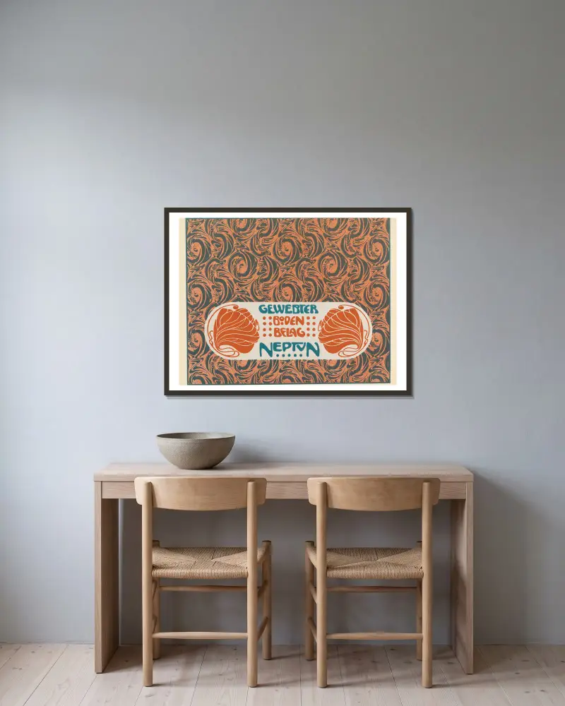 Gewebter Boden Belag Neptun (Neptune Woven Floor Covering) av Koloman Moser inramad på en vägg