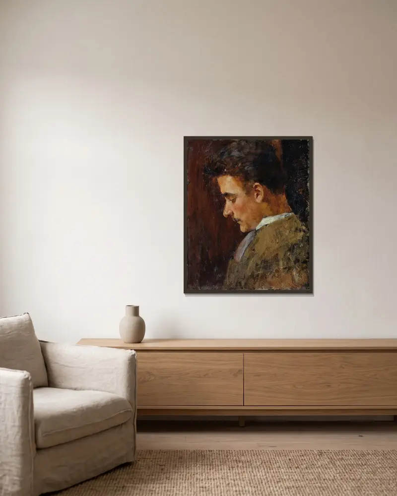 Jugendbildnis Rudolf Steindl, Schwager des Künstlers von Koloman Moser gerahmt an einer Wand