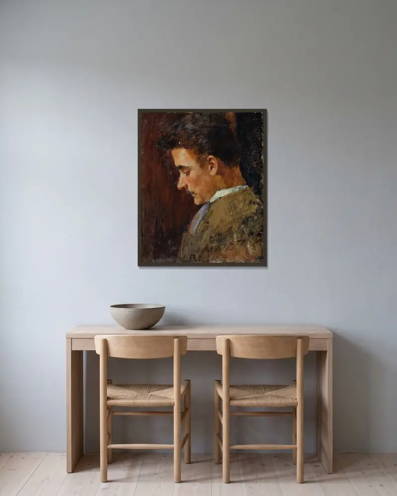 Jugendbildnis Rudolf Steindl, Schwager des Künstlers von Koloman Moser gerahmt an einer Wand