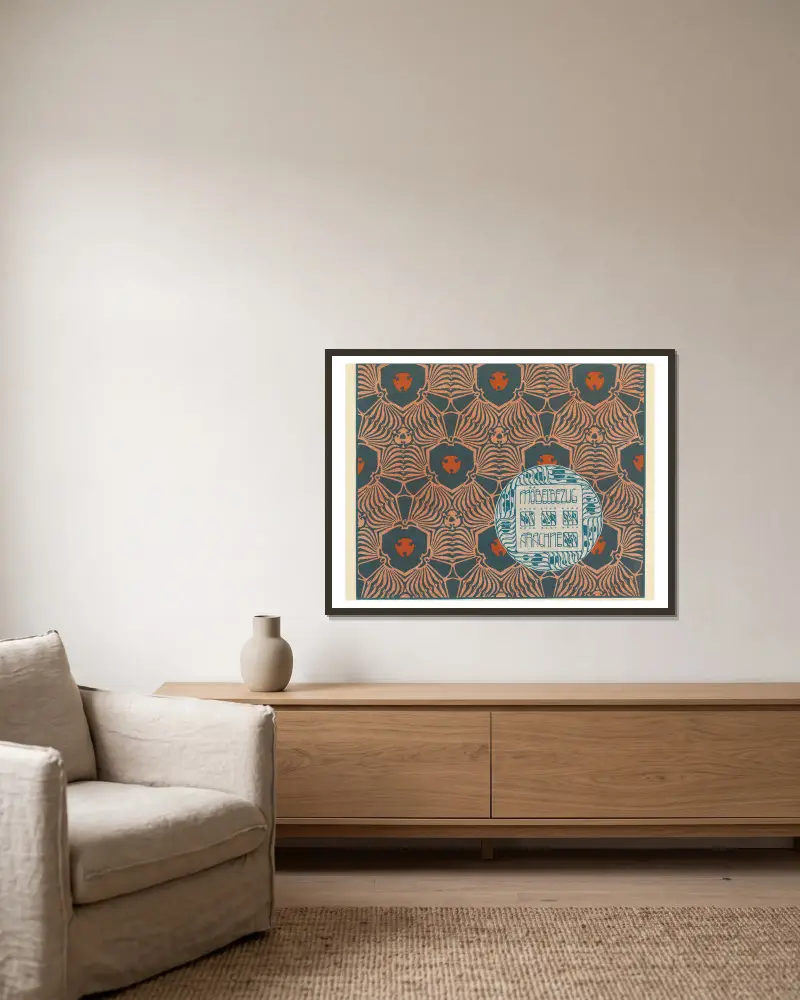 Mobelbezug Arachne (Arachne Upholstery Fabric) av Koloman Moser inramad på en vägg