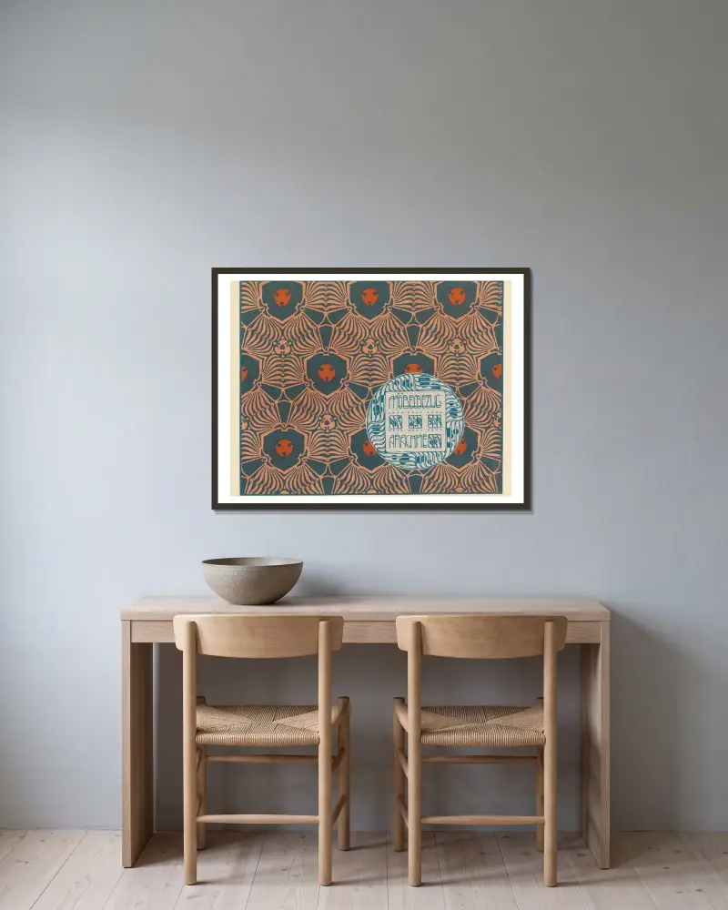 Mobelbezug Arachne (Arachne Upholstery Fabric) av Koloman Moser inramad på en vägg