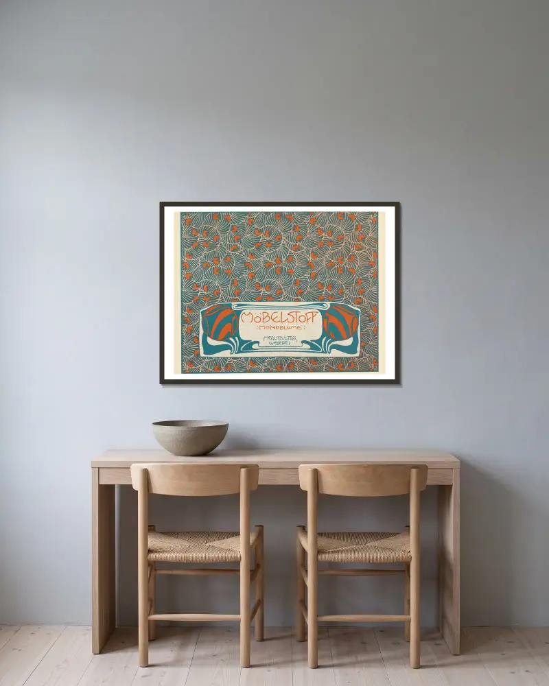 Mobelstoff Mondblume Meauquettes Weberei (Moon Blossom Woven Upholstery Fabric Maquette) av Koloman Moser inramad på en vägg