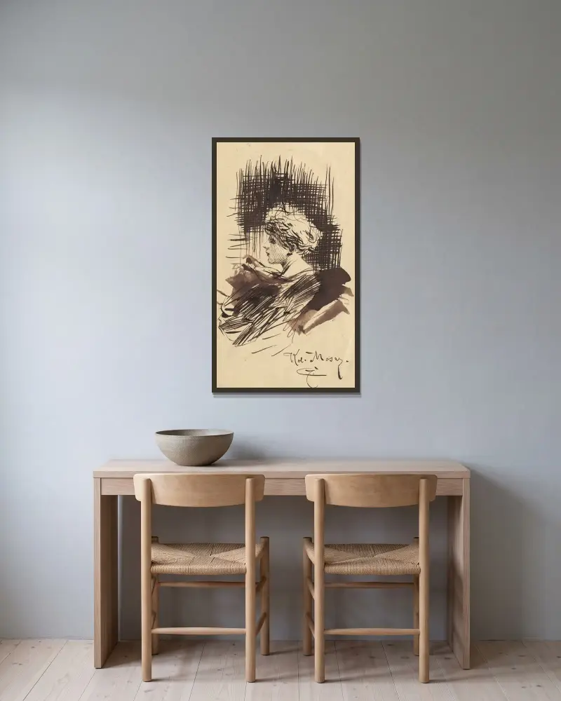Porträtskizze von Koloman Moser gerahmt an einer Wand
