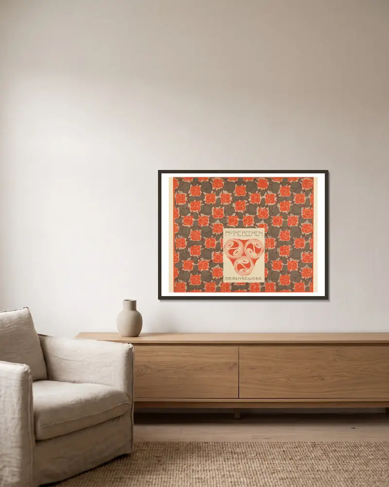 Rotes Beeren-Seidengewebe von Koloman Moser gerahmt an einer Wand