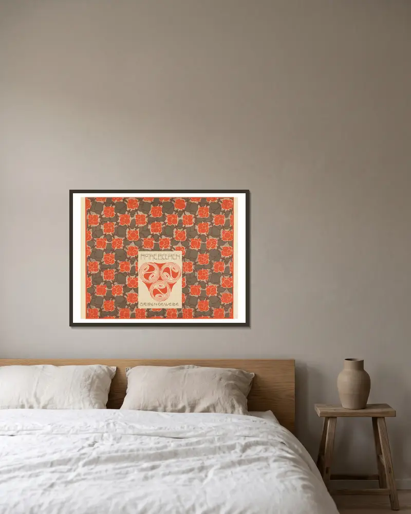 Rotes Beeren-Seidengewebe von Koloman Moser gerahmt an einer Wand