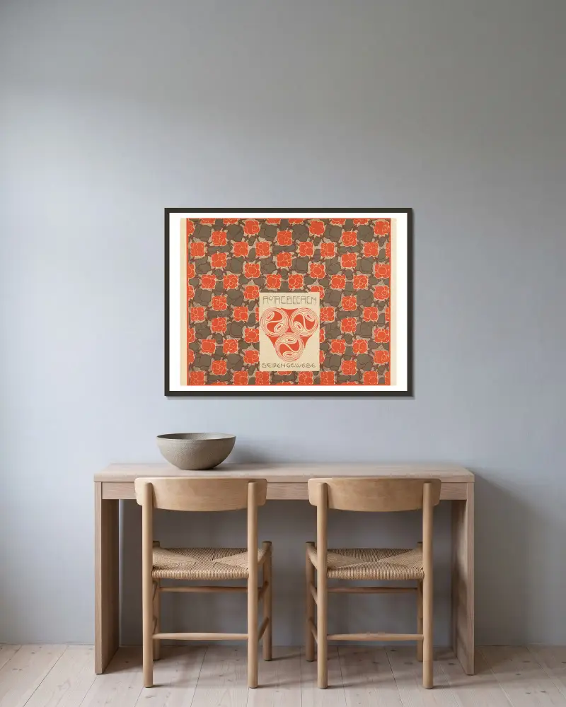 Rotes Beeren-Seidengewebe von Koloman Moser gerahmt an einer Wand