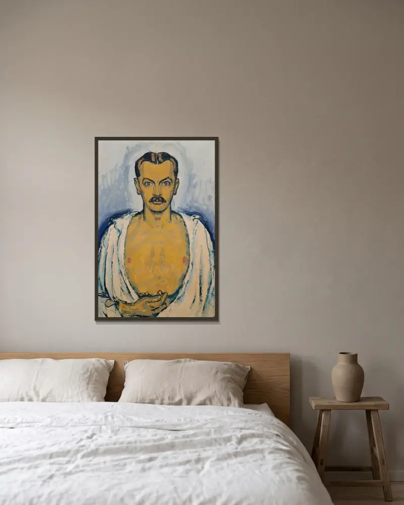 Selbstporträt av Koloman Moser inramad på en vägg