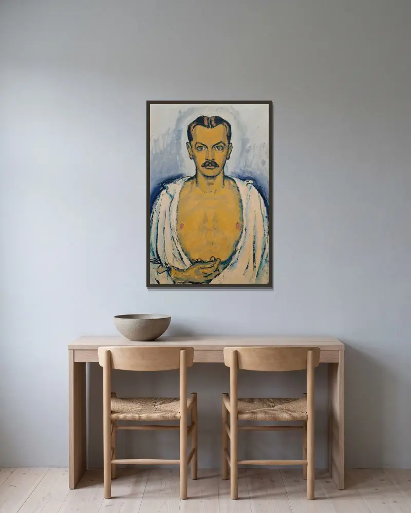 Selbstporträt av Koloman Moser inramad på en vägg