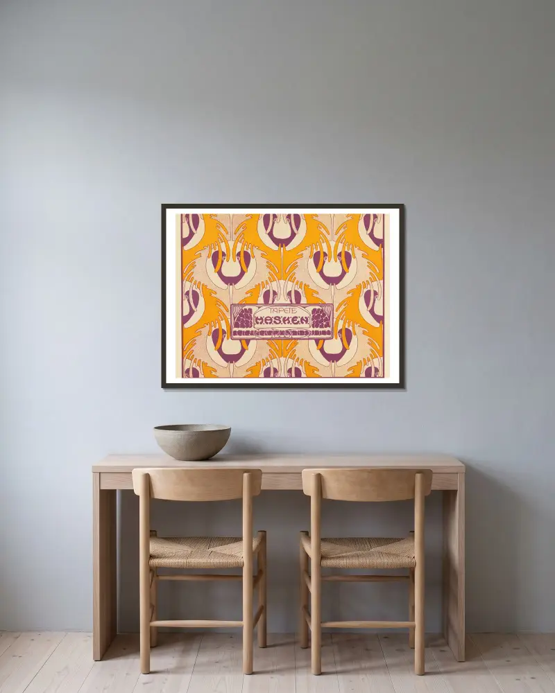Tapete Masken (Masks Wallpaper) av Koloman Moser inramad på en vägg