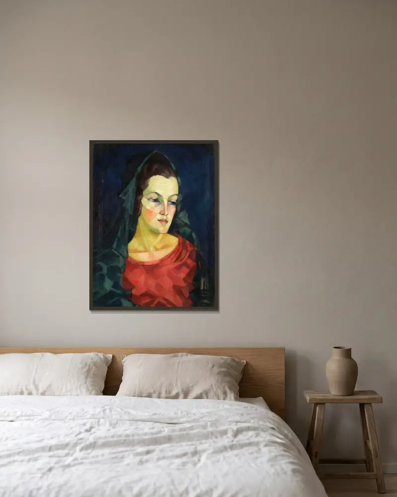 Naise portree (Ludmilla Allik), 1923 – nr 3 av Konrad Mägi inramad på en vägg