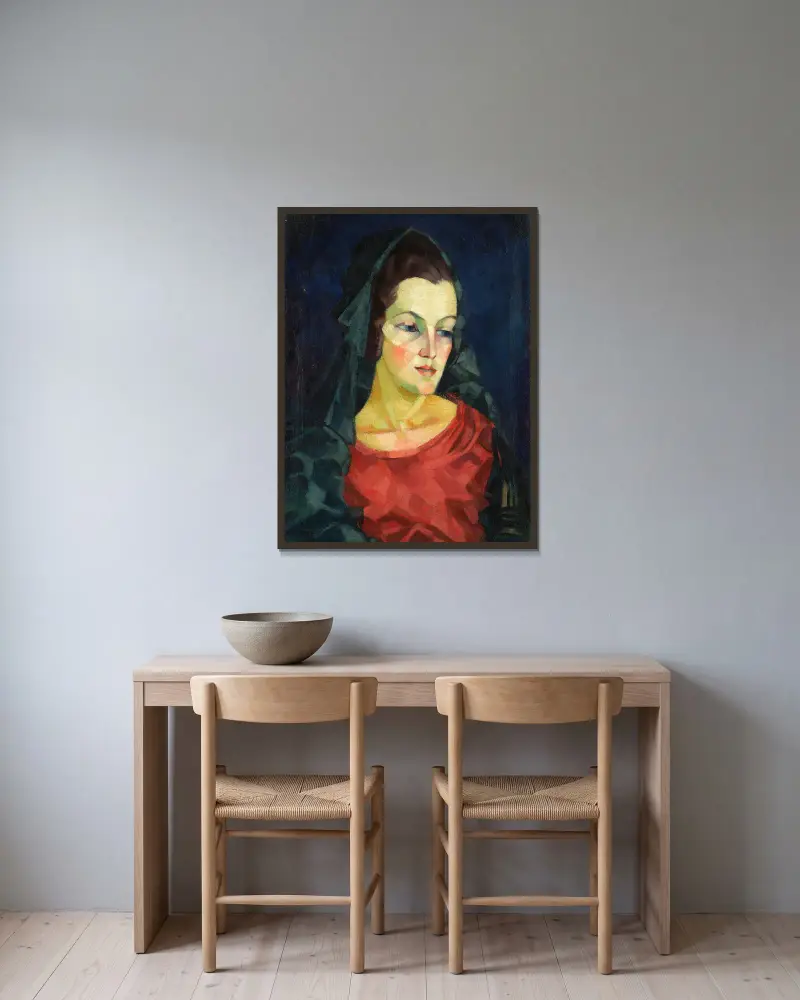 Naise portree (Ludmilla Allik), 1923 – nr 3 av Konrad Mägi inramad på en vägg