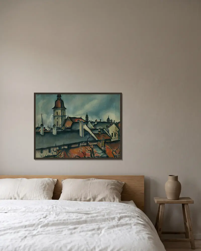 Pohľad na Košice av Konštantín Bauer inramad på en vägg