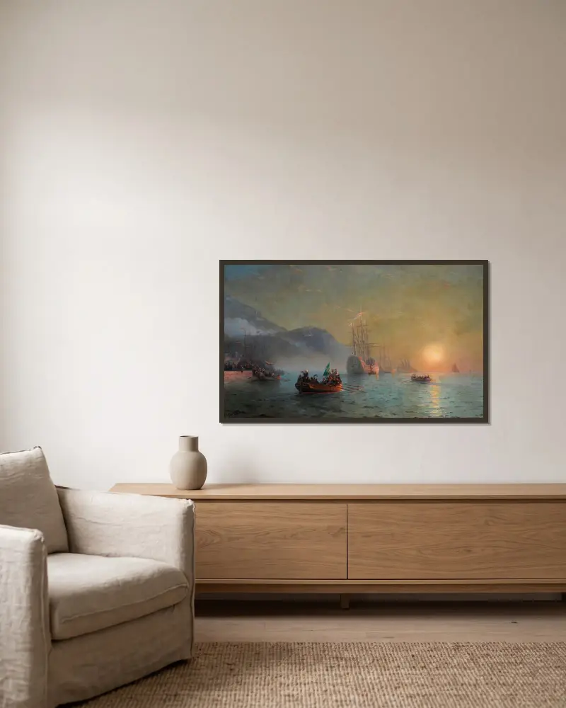 Columbus avsked innan han ger sig av från hamnen Palos i Spanien av Ivan Konstantinovich Aivazovsky inramad på en vägg