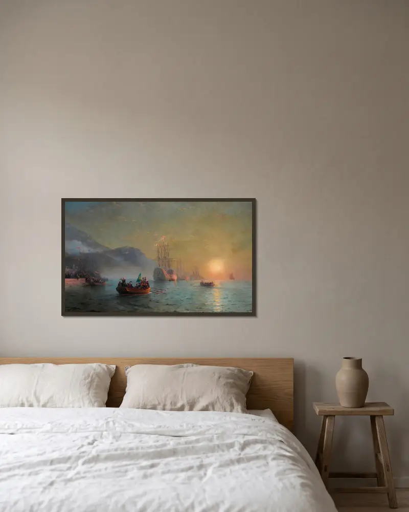 Columbus avsked innan han ger sig av från hamnen Palos i Spanien av Ivan Konstantinovich Aivazovsky inramad på en vägg