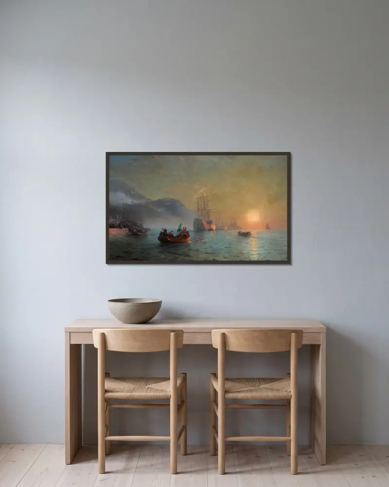 Columbus avsked innan han ger sig av från hamnen Palos i Spanien av Ivan Konstantinovich Aivazovsky inramad på en vägg