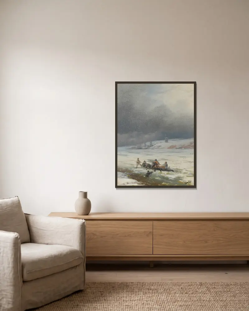 En häst och kärra dras upp ur isen av Ivan Konstantinovich Aivazovsky inramad på en vägg