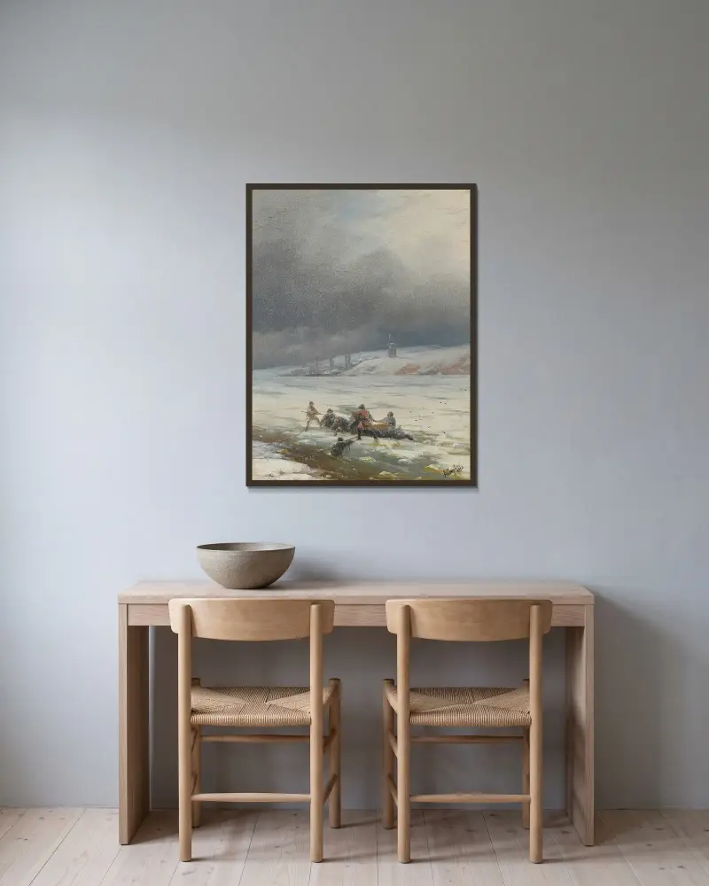 En häst och kärra dras upp ur isen av Ivan Konstantinovich Aivazovsky inramad på en vägg