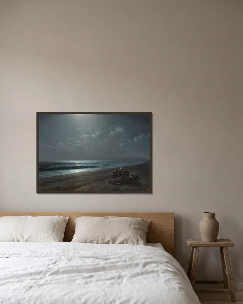 Vila vid havet en månljus natt av Ivan Konstantinovich Aivazovsky inramad på en vägg