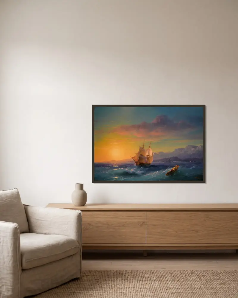 Fartyg i solnedgång utanför Cap Martin av Ivan Konstantinovich Aivazovsky inramad på en vägg