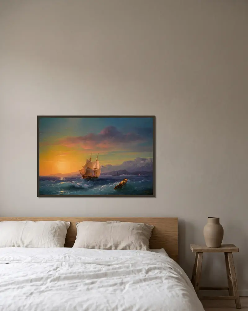 Fartyg i solnedgång utanför Cap Martin av Ivan Konstantinovich Aivazovsky inramad på en vägg