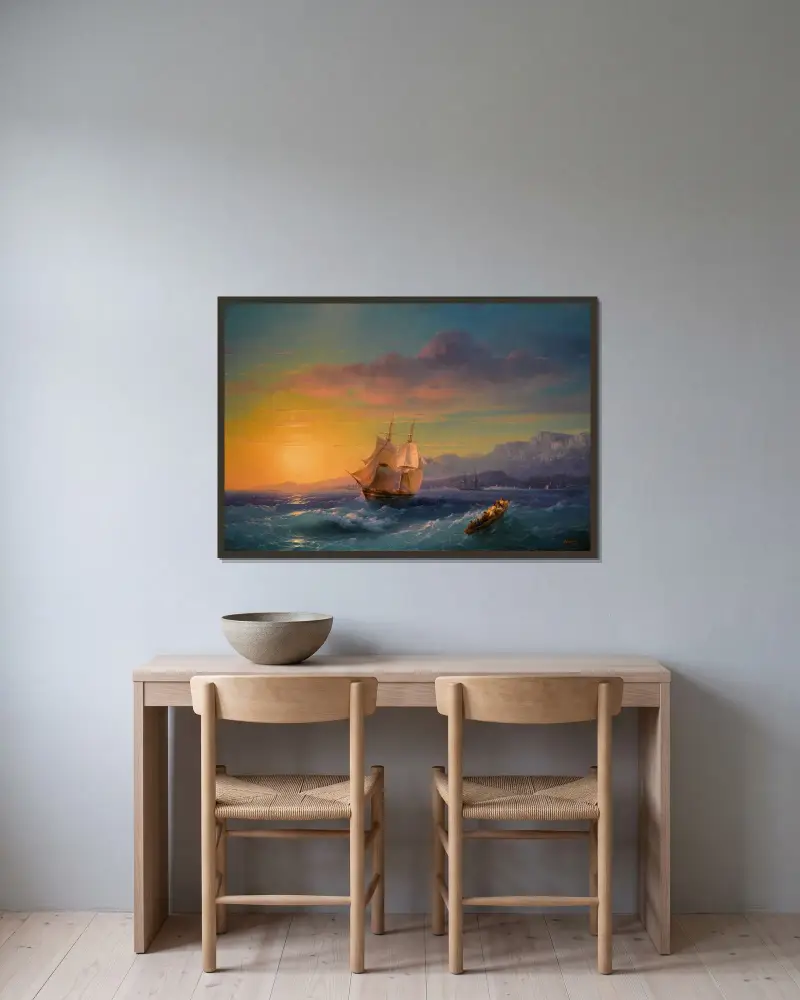 Fartyg i solnedgång utanför Cap Martin av Ivan Konstantinovich Aivazovsky inramad på en vägg
